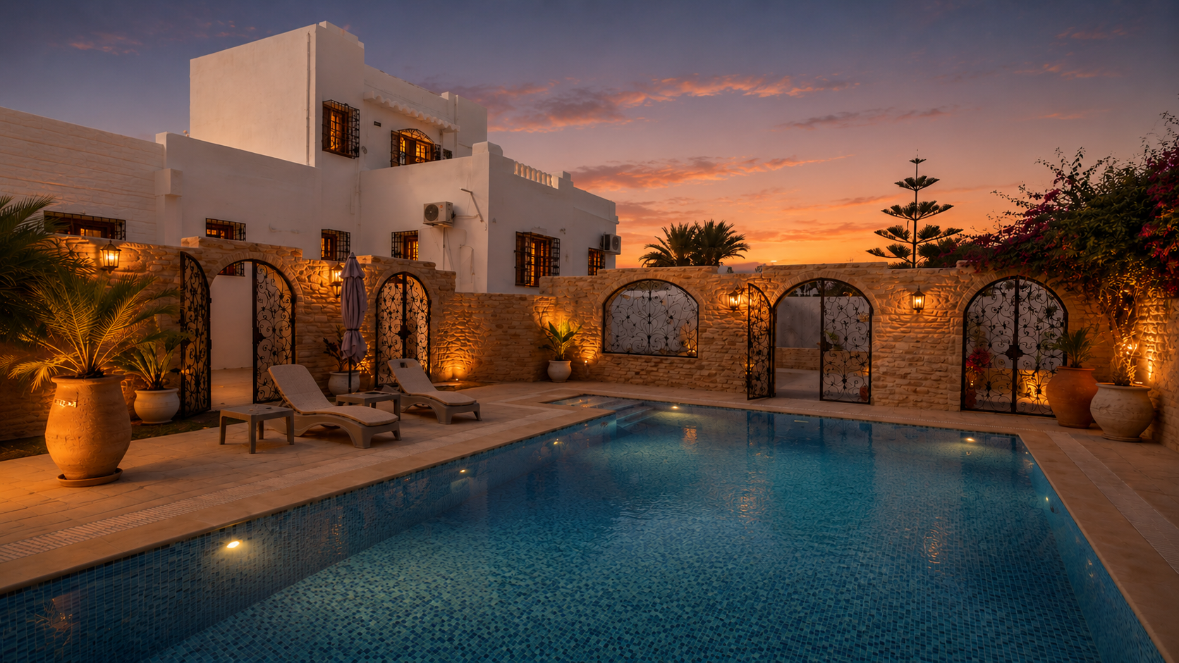 Villa Abdou — piscine et terrasse au coucher du soleil à Djerba